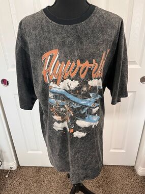Flyworld Graphic Tee - Black with Blue & Orange Plane Design